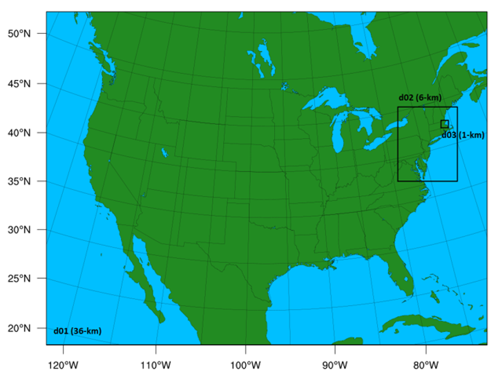 WRF-Chem-GHG Triple Nested Domain